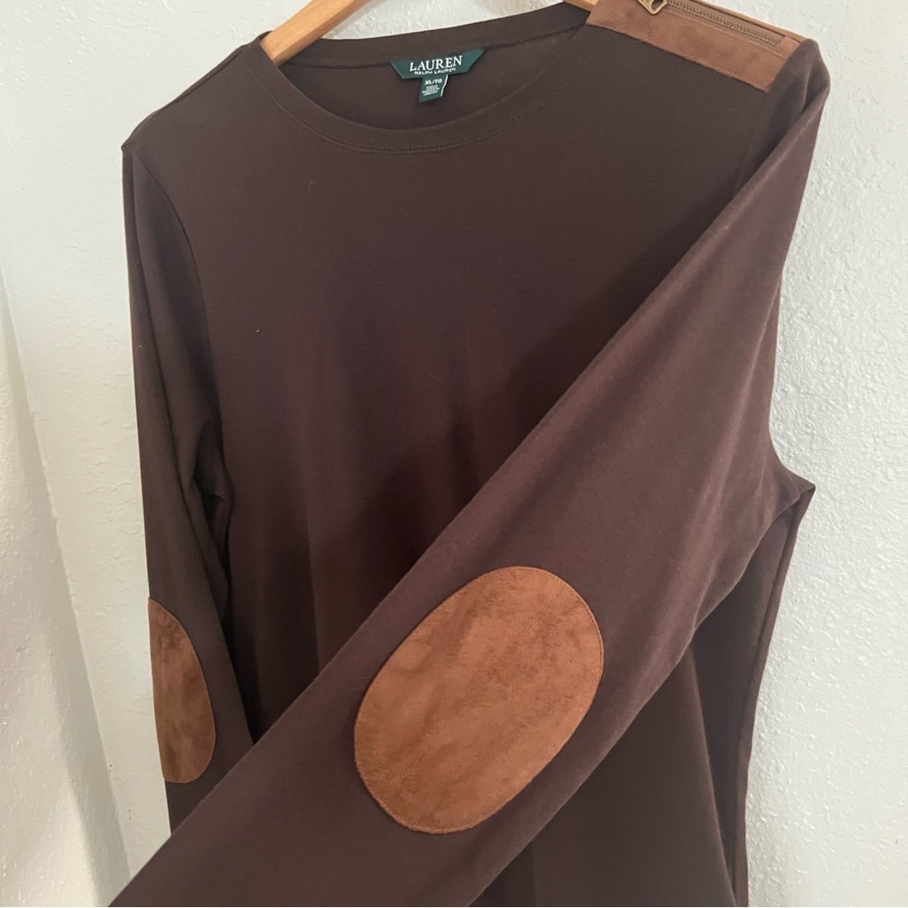 Lauren Ralph Lauren Women’s Sz XL Chocolate Brown Long Sleeve Tee elbow patches - Picture 7 of 10